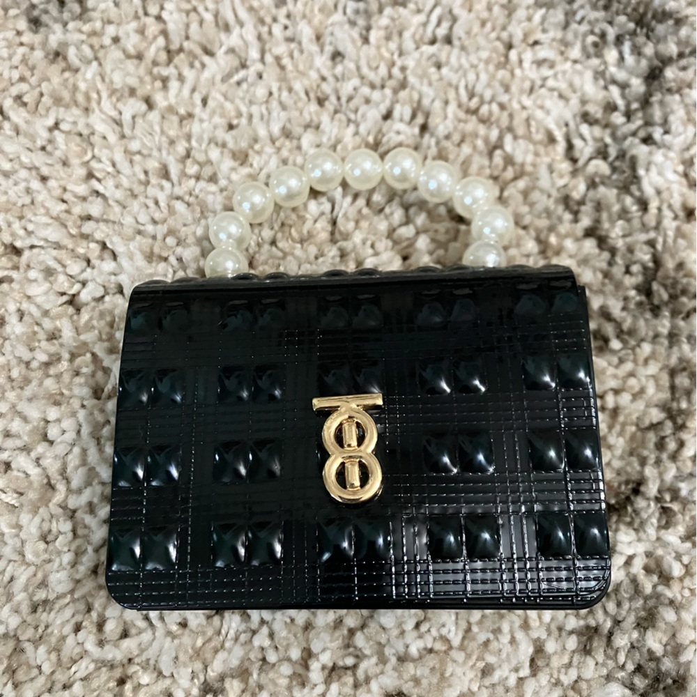 Black Plaid mini Handbag with Pearl Handle